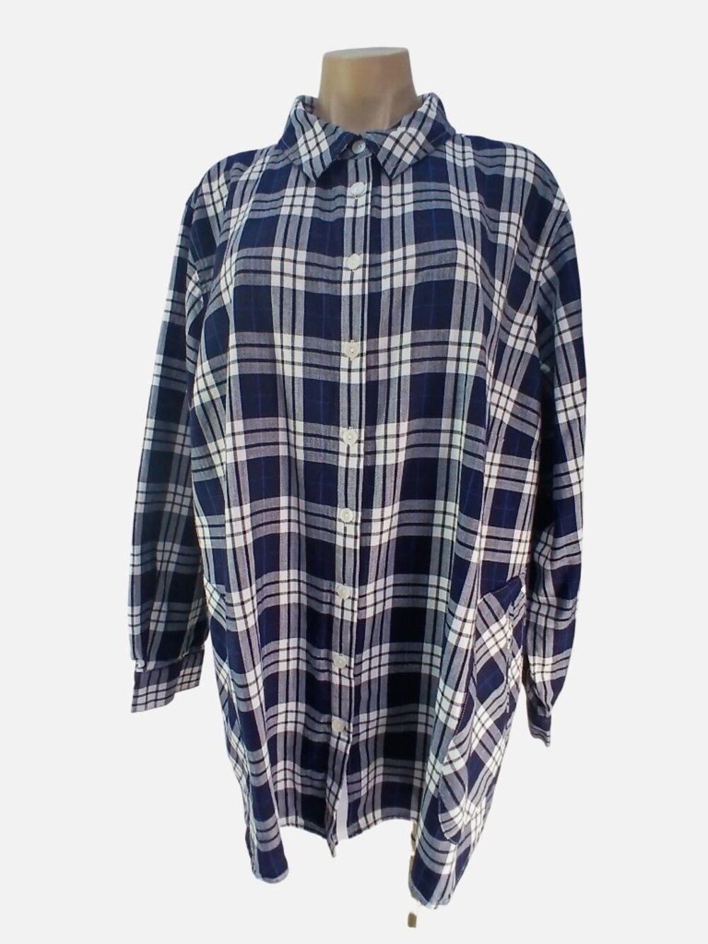 Joan Rivers Womens Plaid Button Up Shirt Size 2X Navy White Cotton Split Hem Bac